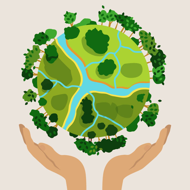 Illustration of hands holding globe with rivers and trees